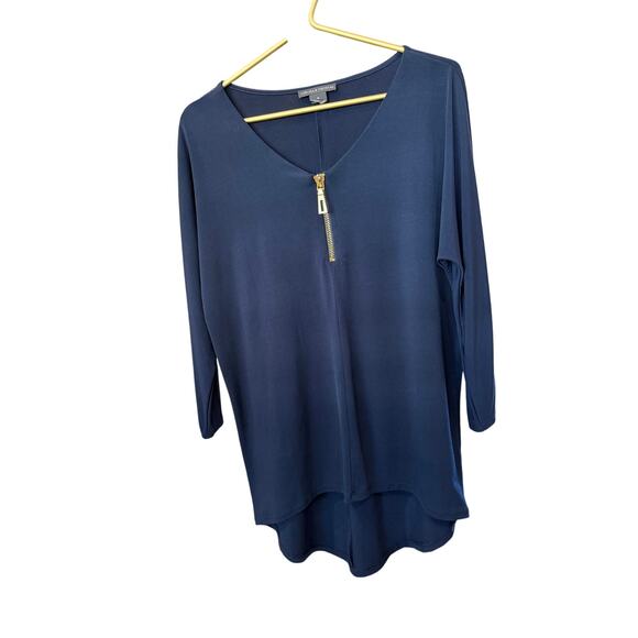 Chelsea & Theodore Navy Tunic Top Women’s M Gold Quarter Zip High‑Low Hem EUC - Picture 2 of 4